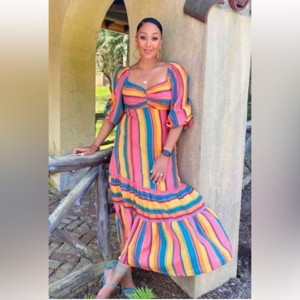 🌺 🆕 🌸 Anthropologie Farm Rio Rainbow Stripe Midi Dress🌺